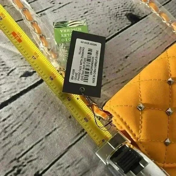 Badgley Mischka Crossbody Purse Phone Case Diamond Quilted Yellow Studded - Picture 5 of 7